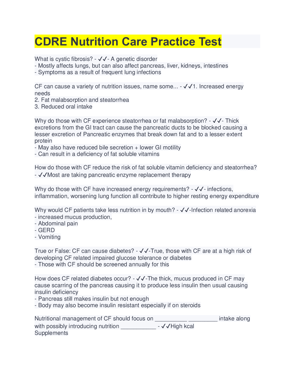 Preview image for CDRE Nutrition Care Practice Test | 60 Questions with 100% Correct Answers